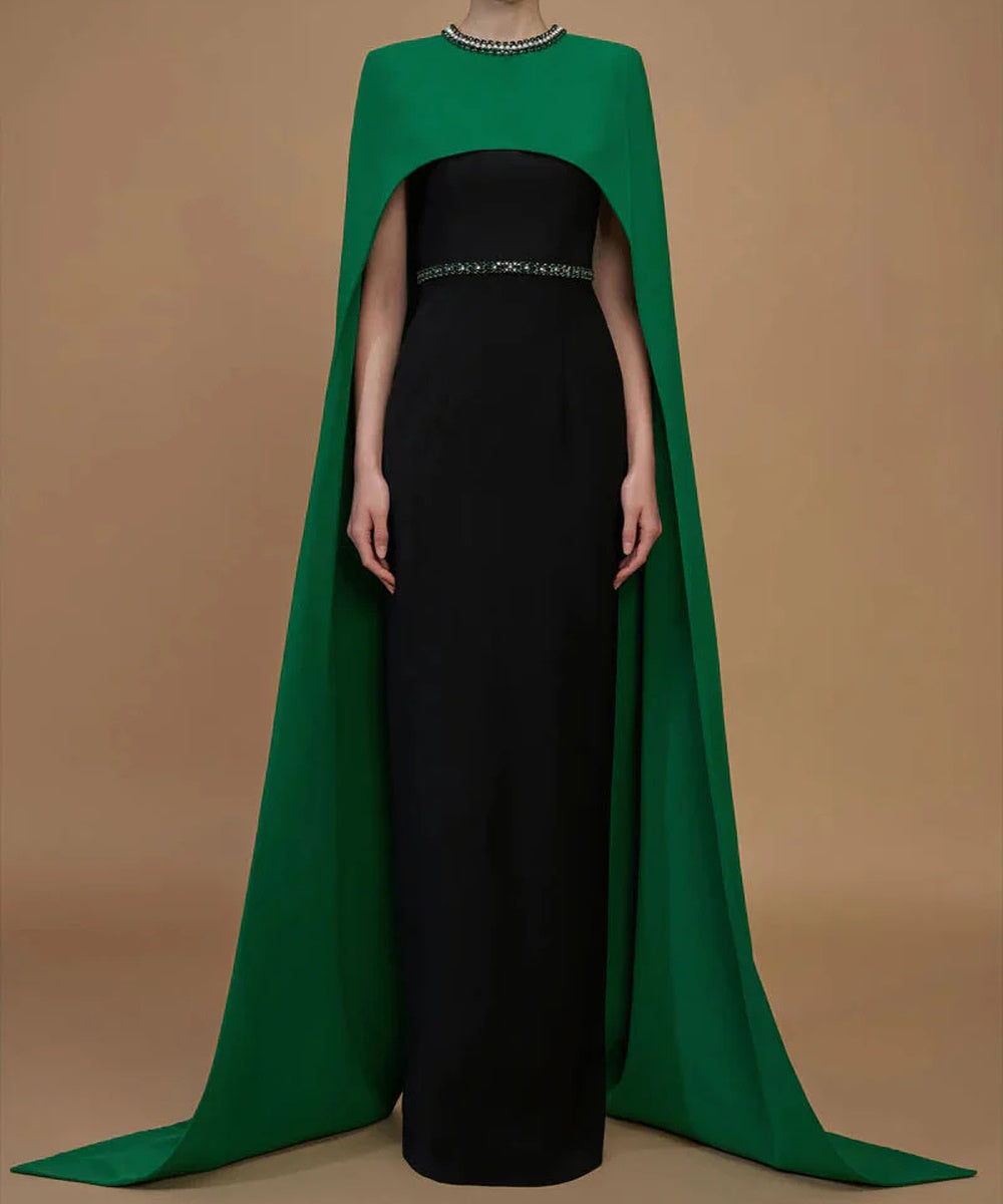 Two-Tone Emerald Cape Black Column Crystal Trim Evening Gown