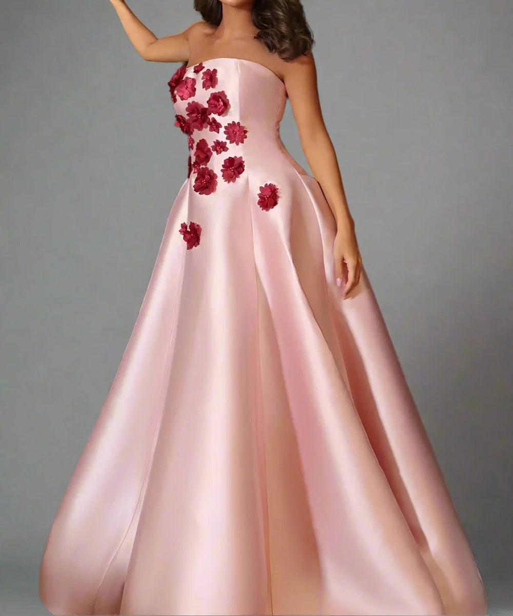 Light Pink Strapless 3D Burgundy Floral Applique Satin A-Line Maxi Evening Gown