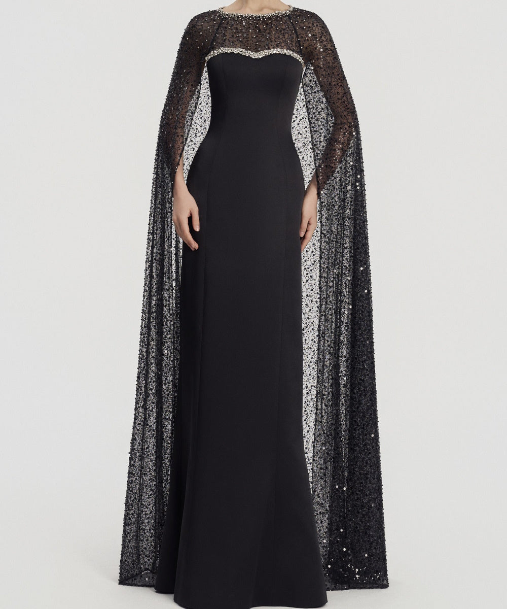 Black Beaded Cape Sleeve Mermaid Formal Evening Gown