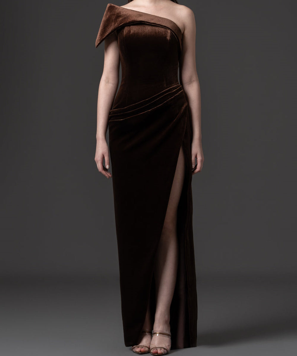 One Shoulder Brown Velvet Mermaid Evening Dress With High Side Slit