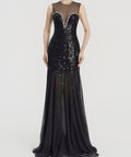 Black Sleeveless Illusion Neck Sequin Beaded Mermaid Evening Gown