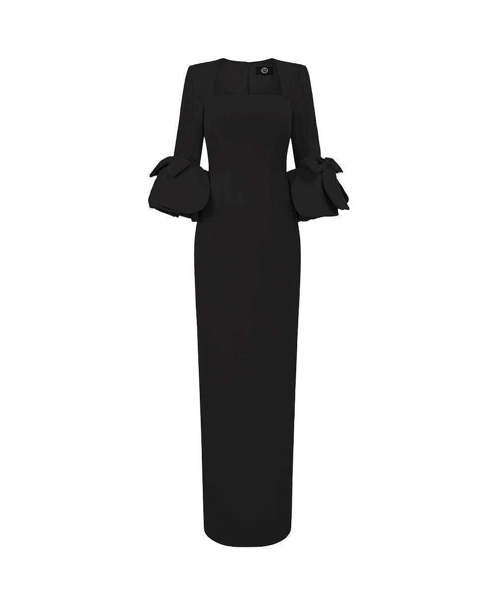 Black Square Neck Maxi Formal Gown With Statement Bow Bell Sleeves
