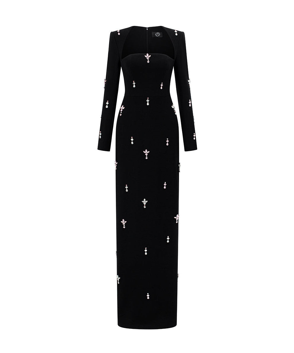 Black Long Sleeve Square Neck Midi Evening Gown With Pink Crystal Embellishments
