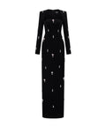 Black Long Sleeve Square Neck Midi Evening Gown With Pink Crystal Embellishments