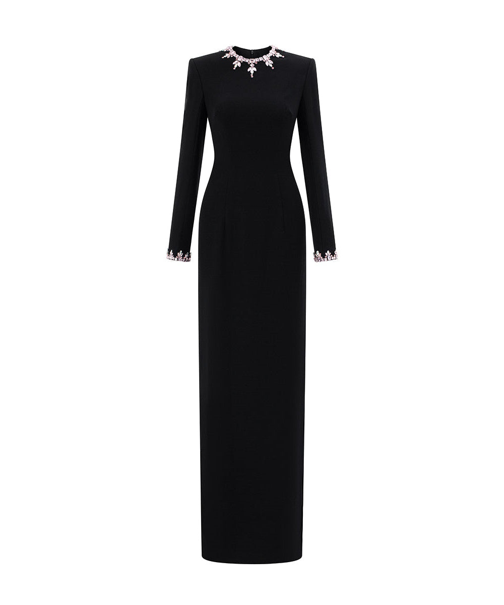 Black Long Sleeve High Neck Maxi Evening Gown With Pink Crystal Embellishments