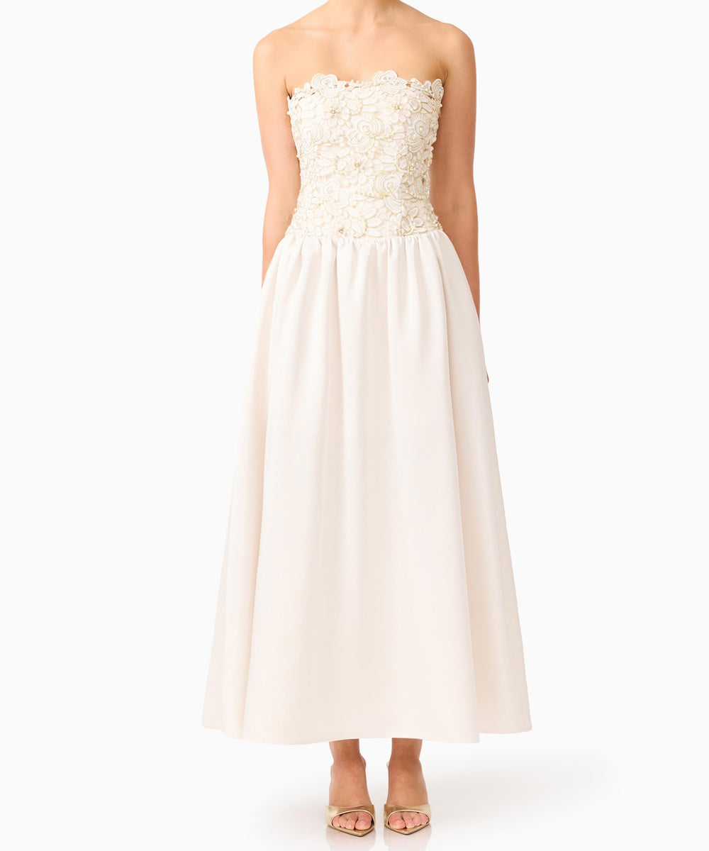 Strapless Floral Lace Beaded Midi Wedding Guest Dress With Removable Spaghetti Straps