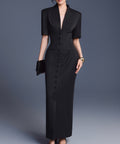 Black Tailored V-Neck Short Sleeve Midi Formal Dress with Front Button Details & Back Slit