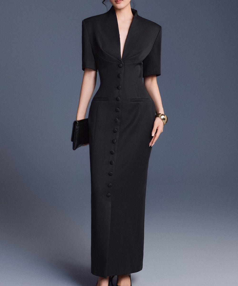 Black Tailored V-Neck Short Sleeve Midi Formal Dress with Front Button Details & Back Slit