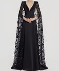 Black Deep V Lace Cape Sleeve A-Line Formal Evening Gown
