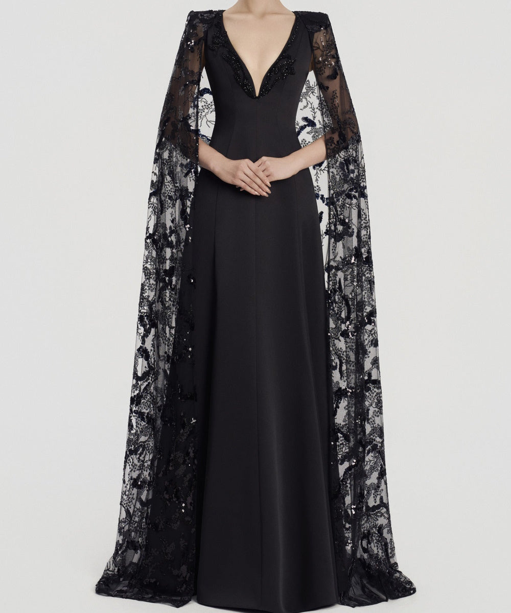 Black Deep V Lace Cape Sleeve A-Line Formal Evening Gown