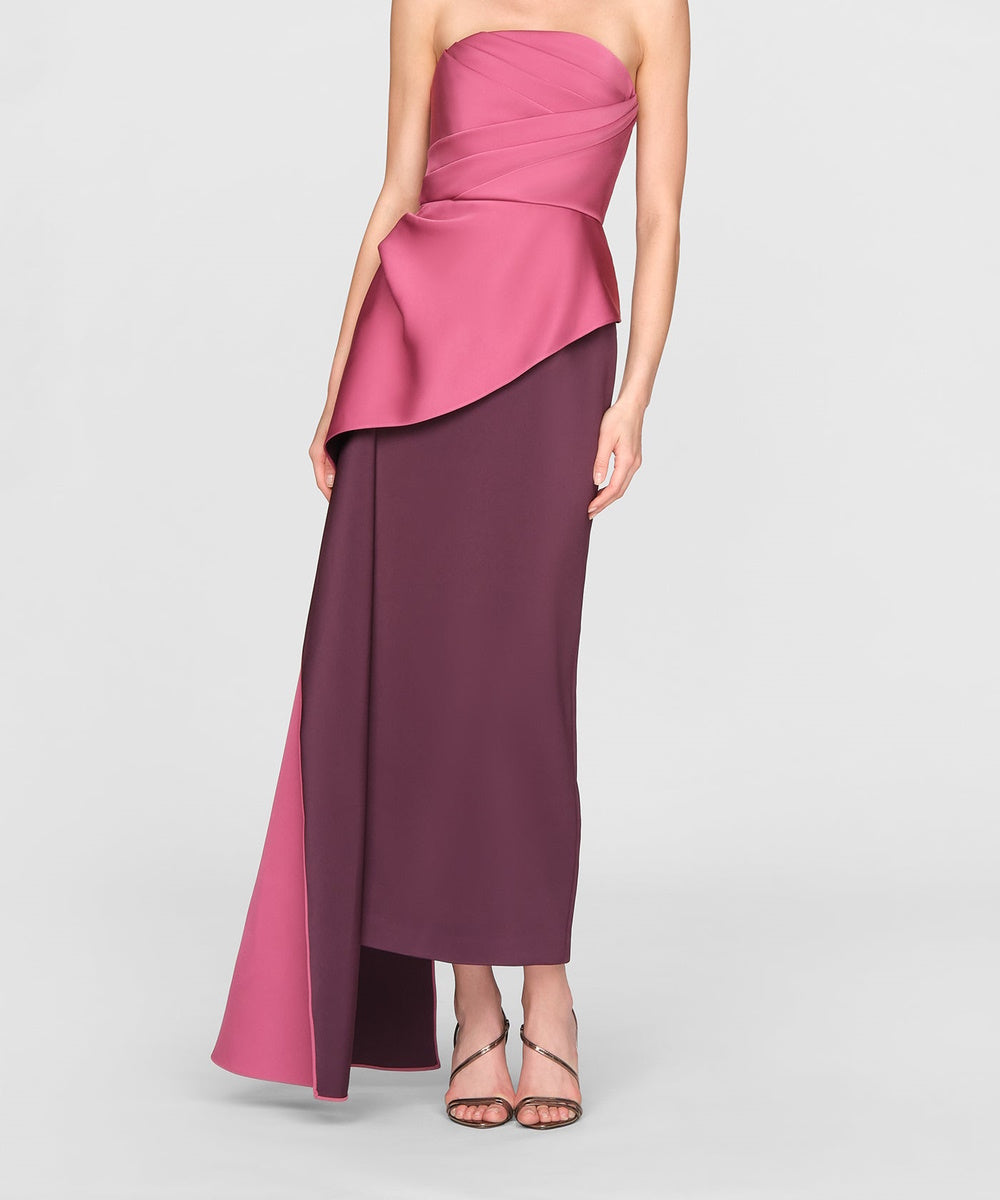 Strapless Two-Tone Satin Draped Midi Formal Gown