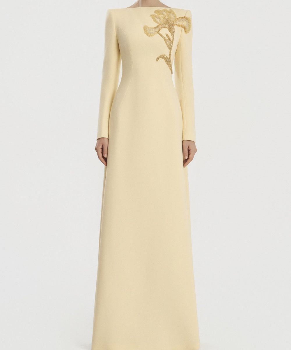 Pale Yellow Long Sleeve Boat Neck Beaded Floral Sheath Formal Gown