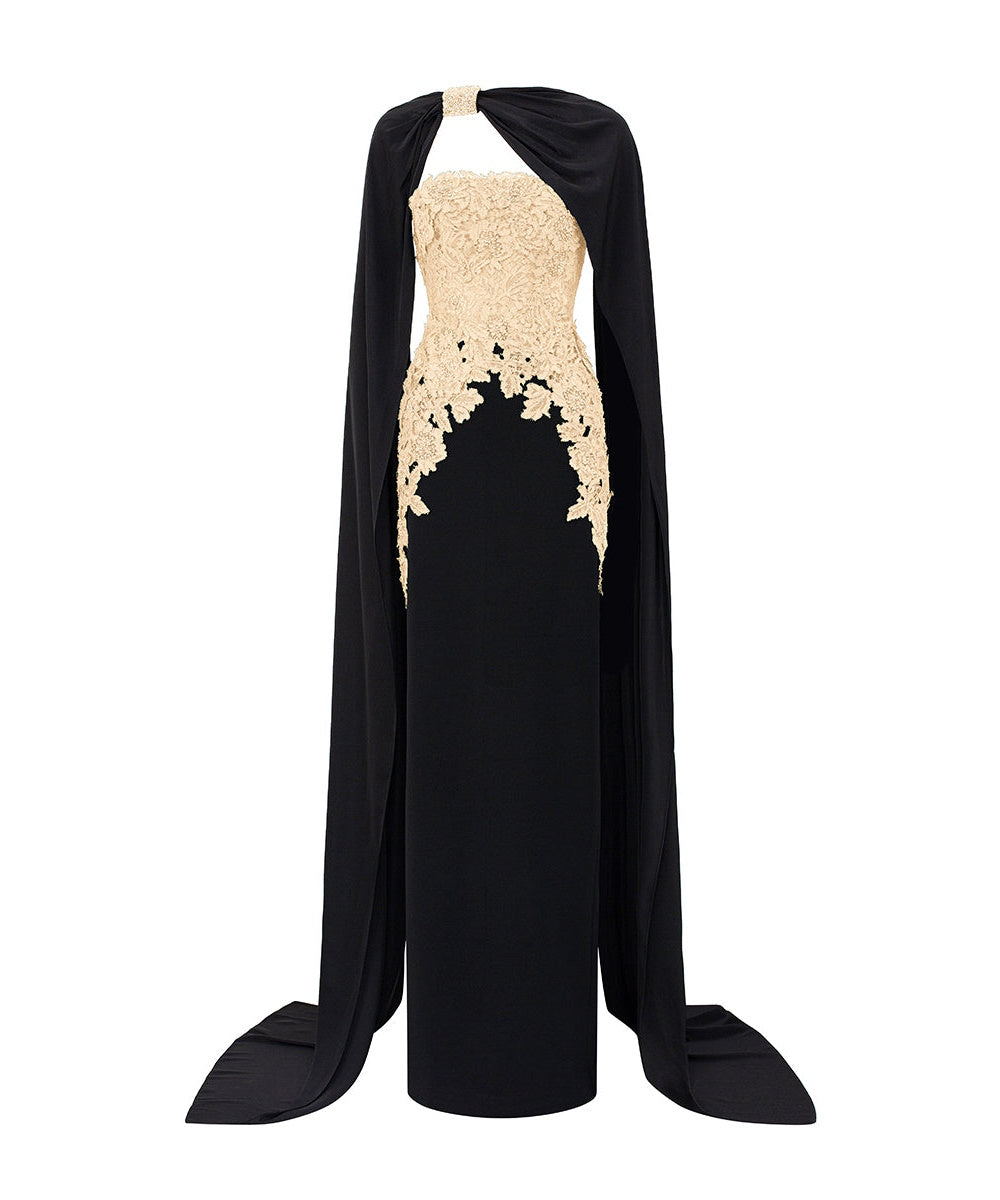 Black Strapless Mermaid Evening Gown With Champagne Lace Appliqué And Detachable Cape