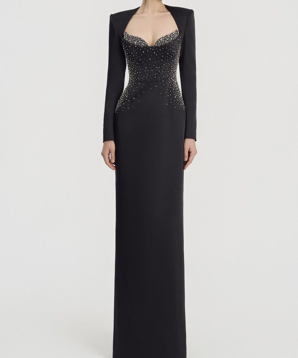 Black Long Sleeve Sweetheart Rhinestone Column Formal Evening Gown