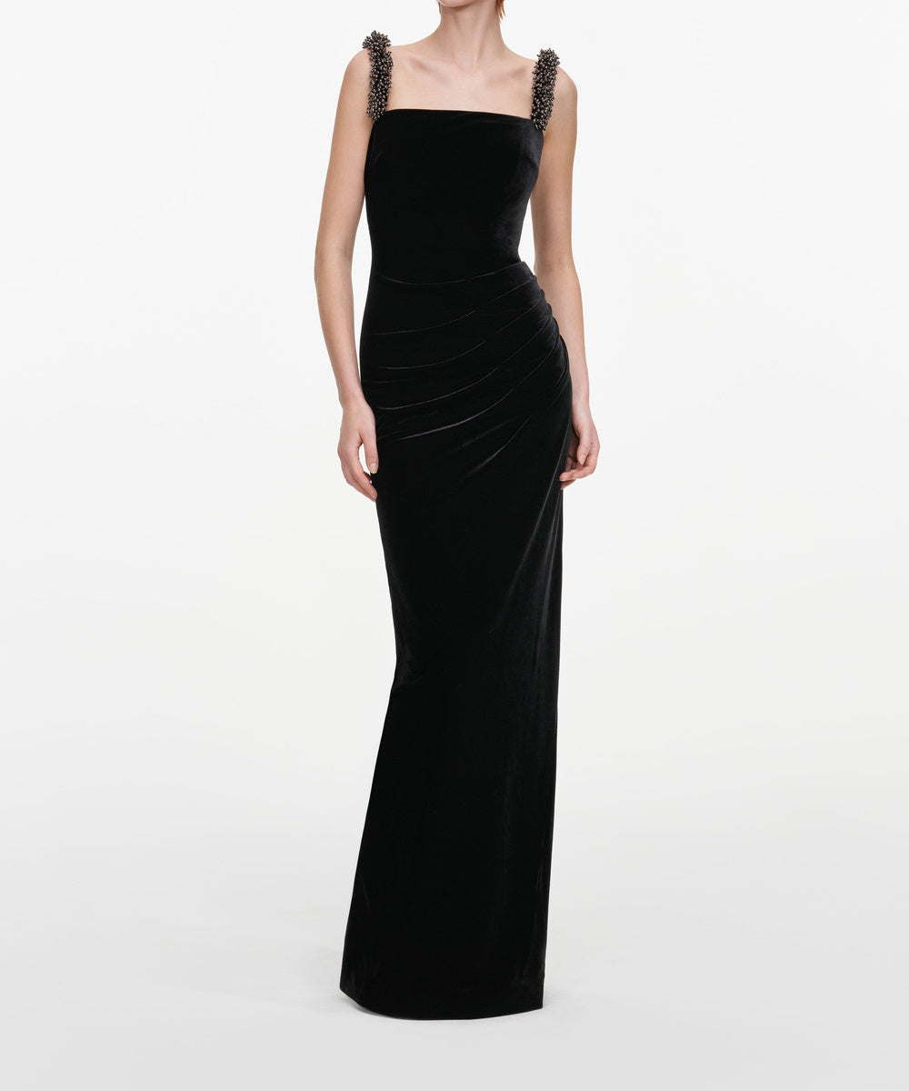 Beaded Strap Square Neck Black Velvet Mermaid Evening Gown with Back Slit