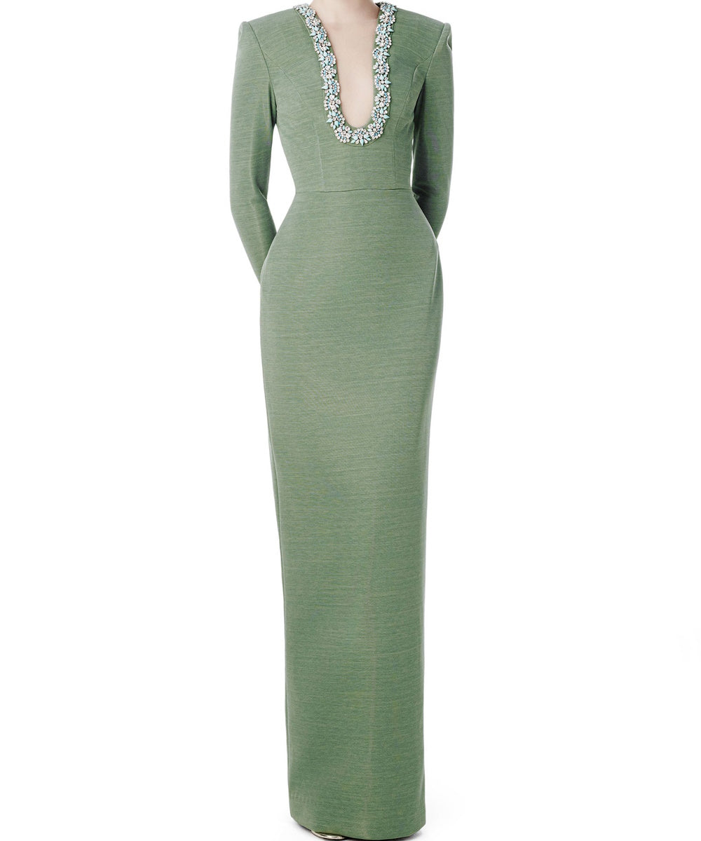 Green Long Sleeve Beaded Deep V Neck Sheath Formal Gown