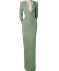 Green Long Sleeve Beaded Deep V Neck Sheath Formal Gown
