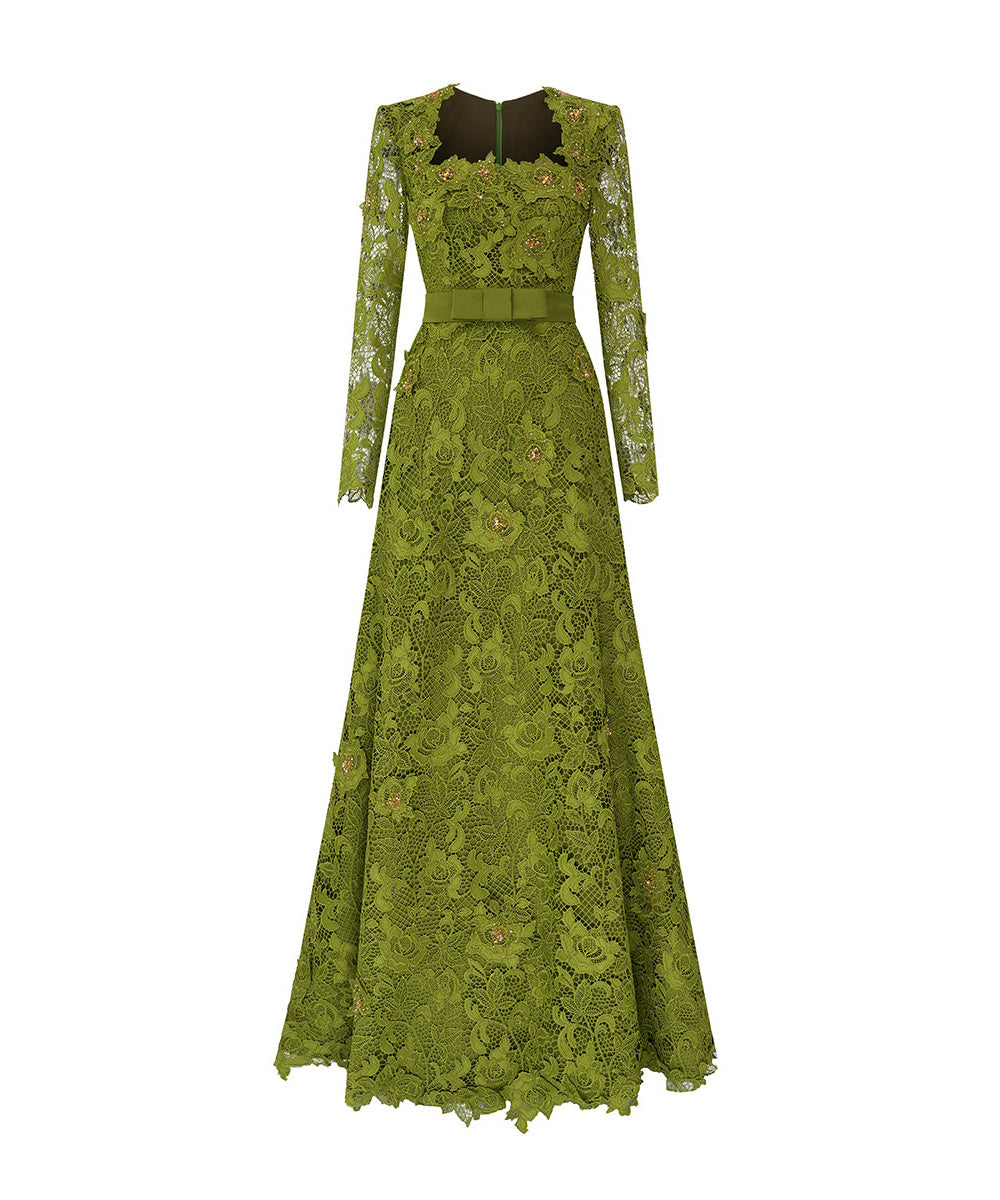 Olive Green Square Neck Long Sleeve Lace A-Line Evening Gown With Satin Belt