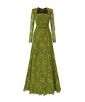 Olive Green Square Neck Long Sleeve Lace A-Line Evening Gown With Satin Belt