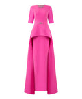 Fuchsia Overlay Skirt Formal Gown With Crystal Embellishments and Short Sleeves