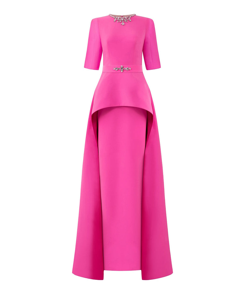 Fuchsia Overlay Skirt Formal Gown With Crystal Embellishments and Short Sleeves