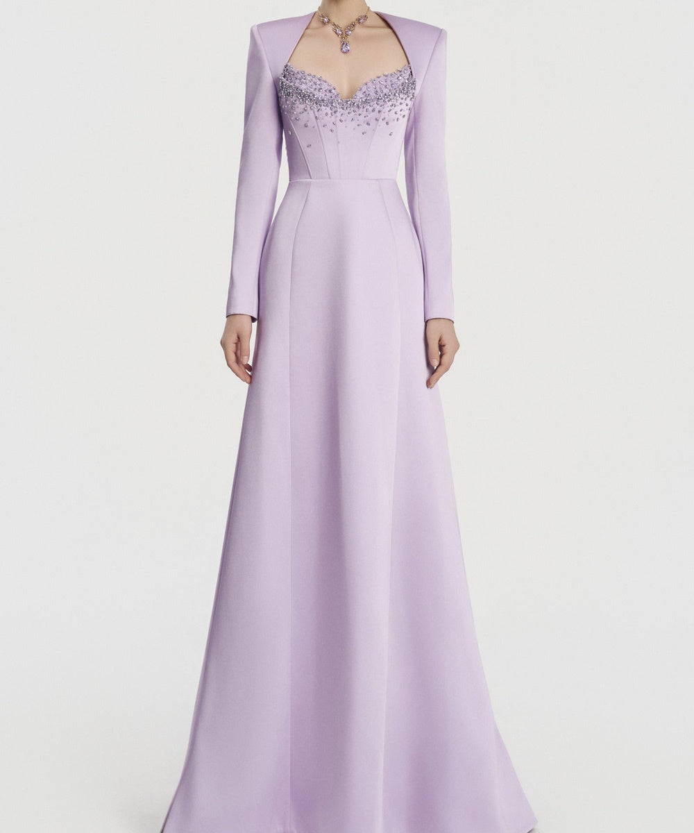 Lavender Long Sleeve Corset Beaded A-Line Formal Evening Gown