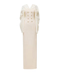 Cream Cape Sleeve Column Maxi Formal Gown With Decorative Gold Buttons