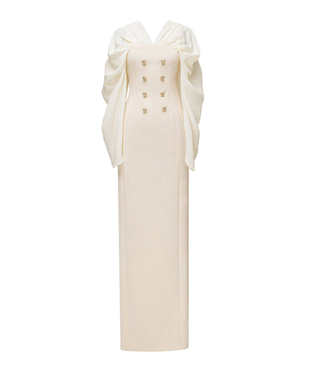 Cream Cape Sleeve Column Maxi Formal Gown With Decorative Gold Buttons