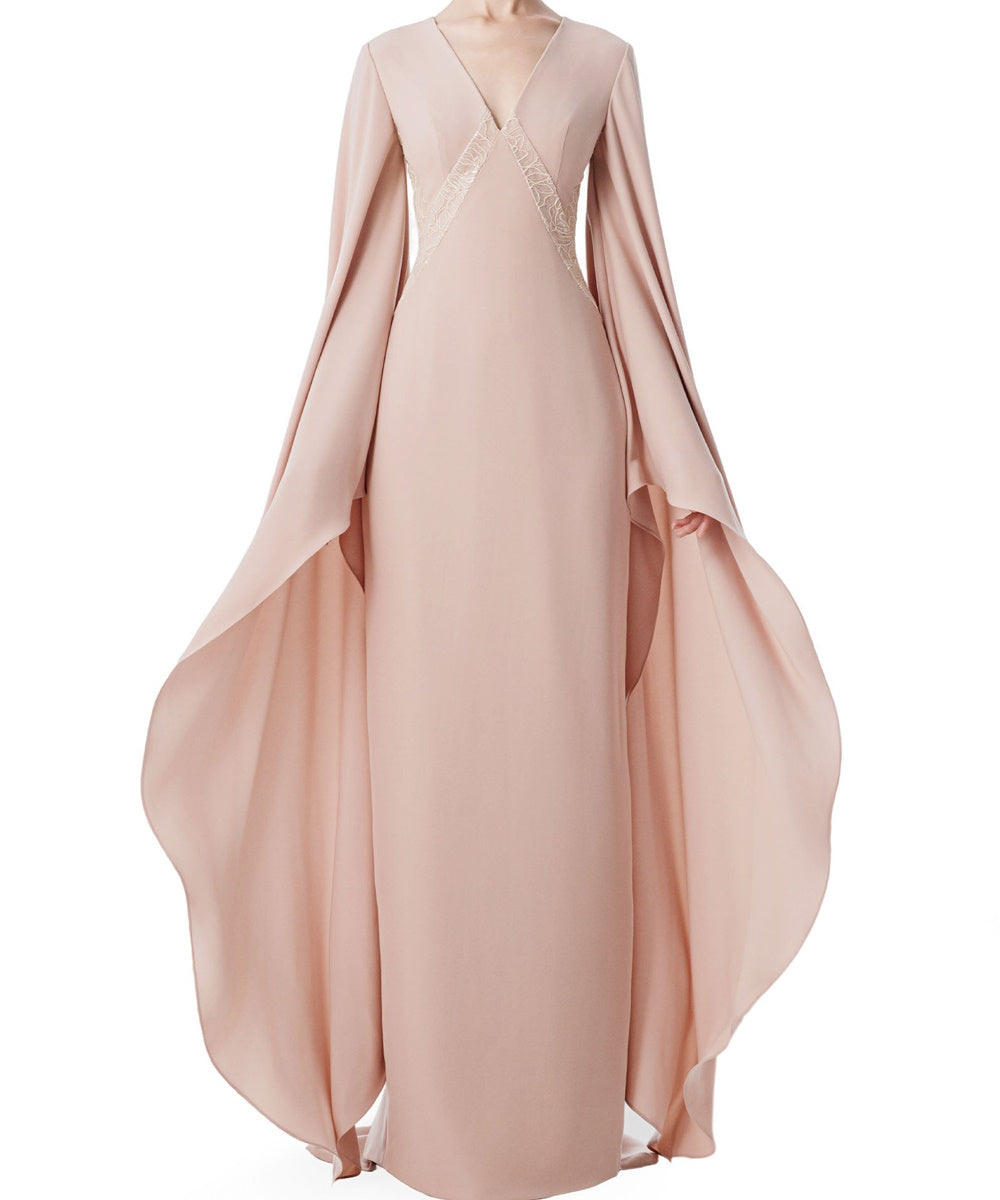 Dusty Pink V-Neck Cape Sleeve Lace Back Formal Maxi Gown
