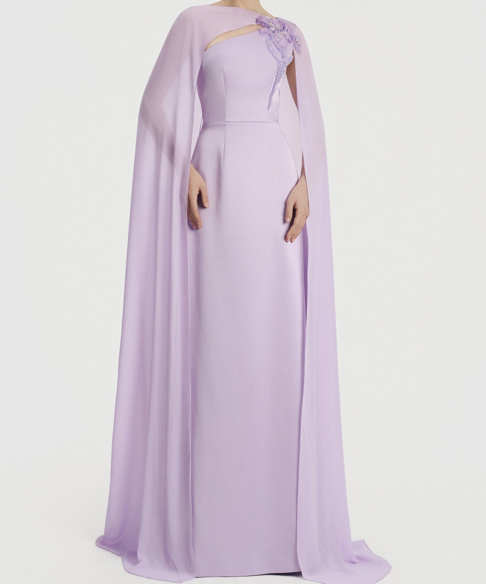Lilac Cape Sleeve Beaded Floral Cutout Formal Evening Gown