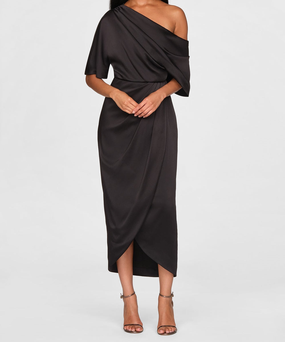 One Shoulder Draped Satin Midi Formal Dress