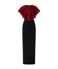 Black Fitted Maxi Evening Dress With Burgundy Beaded Lace Capelet