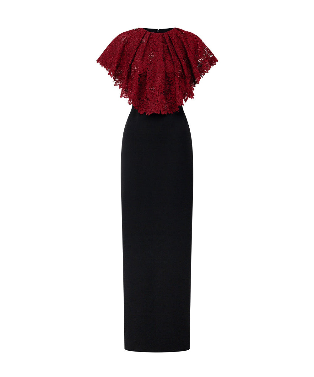 Black Fitted Maxi Evening Dress With Burgundy Beaded Lace Capelet
