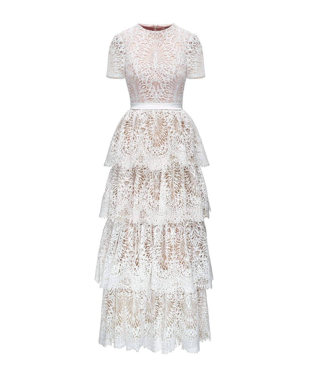 White Short Sleeve Tiered Lace Maxi Dress