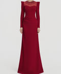 Red Structured Shoulder Long Sleeve Beaded Mermaid Evening Gown