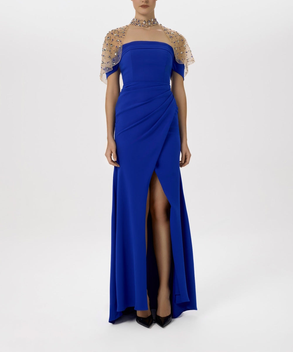 Strapless Royal Blue Slit Formal Gown With Detachable Beaded Tulle Cape