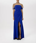 Strapless Royal Blue Slit Formal Gown With Detachable Beaded Tulle Cape