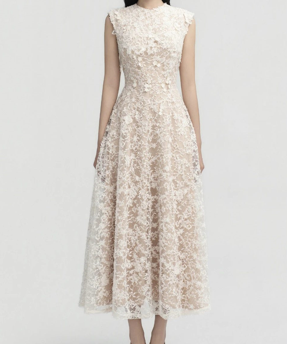 Sleeveless 3D Floral Lace Midi Formal Dress