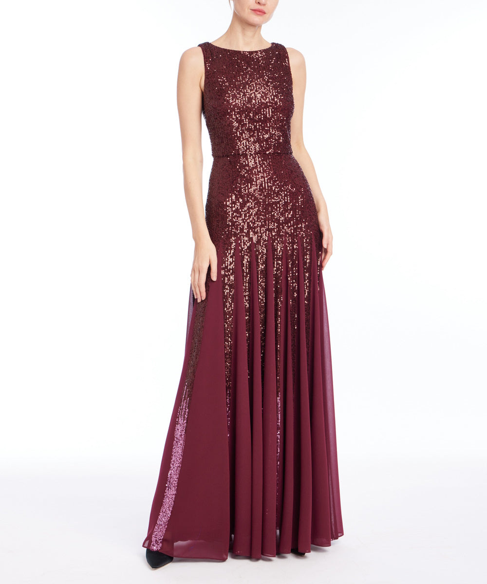 Burgundy Sleeveless Ombre Sequin Chiffon Formal Maxi Dress