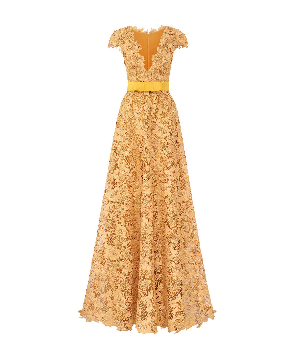 Golden Lace V-Neck Cap Sleeve Long Formal Evening Gown With Satin Bow Sash