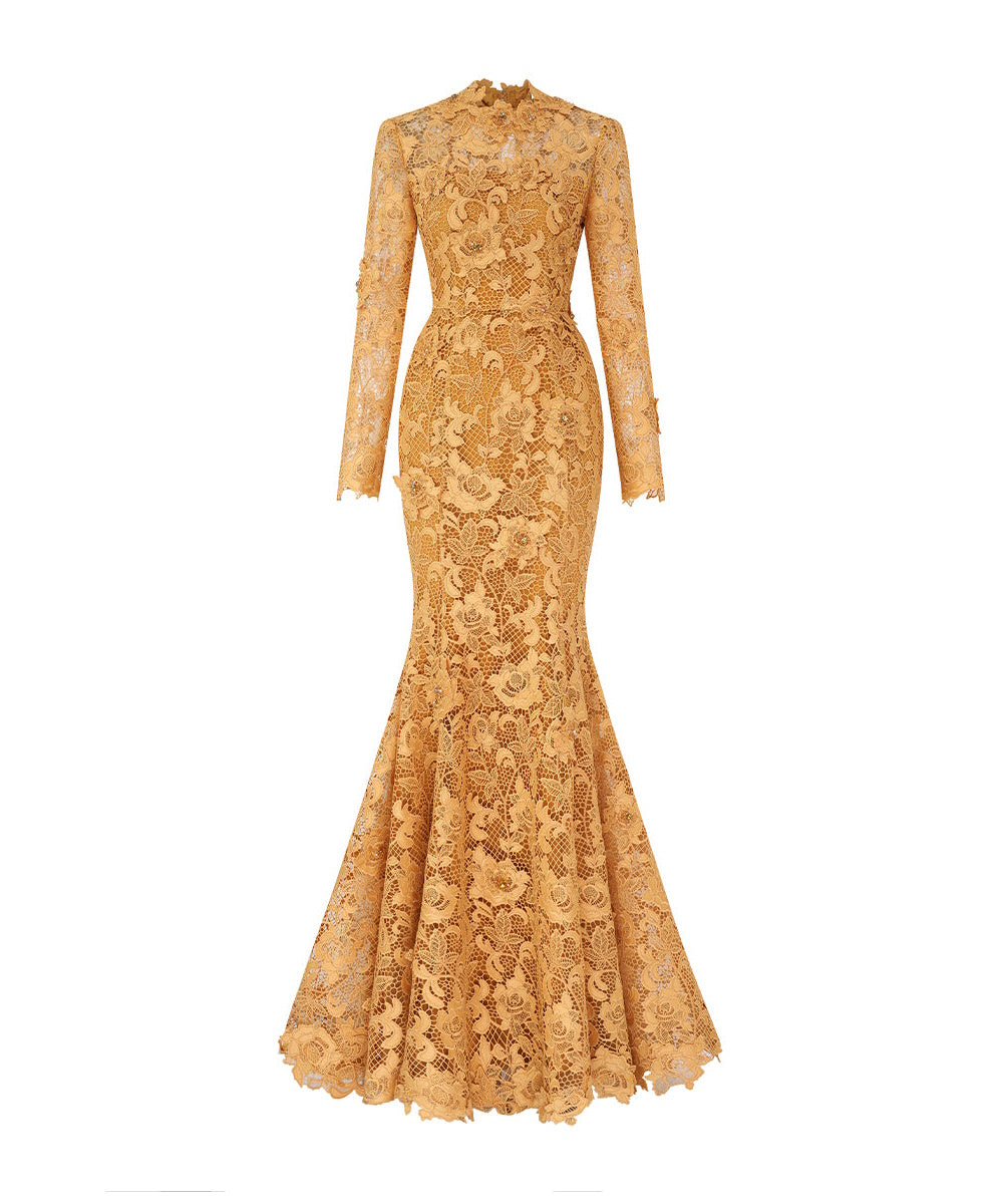 Golden Lace High Neck Long Sleeve Mermaid Formal Evening Gown