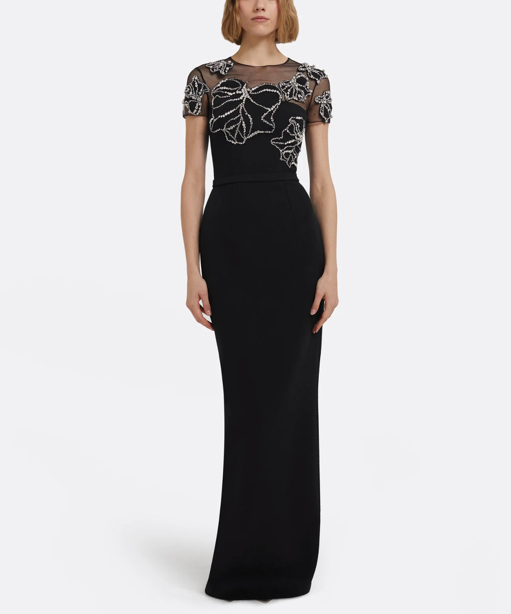 Black Mesh Bow Crystal Beaded Short Sleeve Slit Column Evening Gown