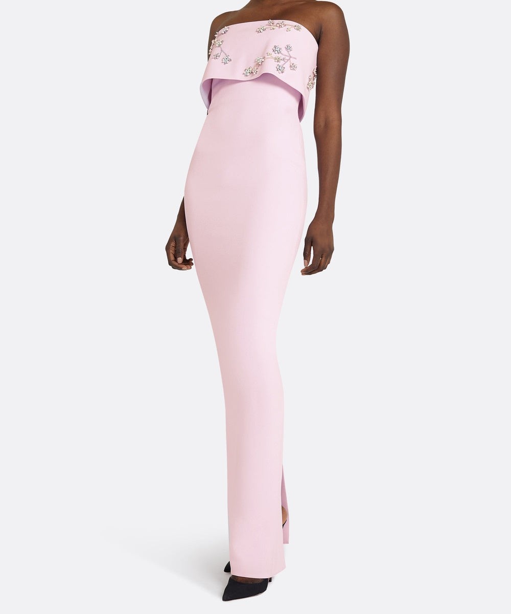 Blush Pink Strapless Ruffle Floral Pearl Crystal Slit Column Gown