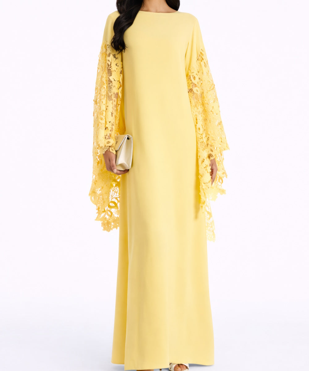 Pastel Yellow Floral Lace Flare Sleeve Loose Abaya Maxi Dress