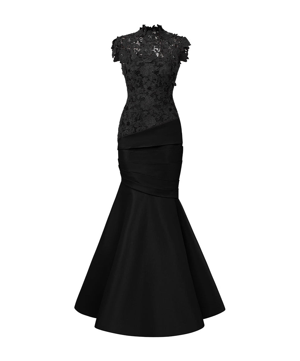 High Neck Lace Cap Sleeve Mermaid Satin Evening Gown