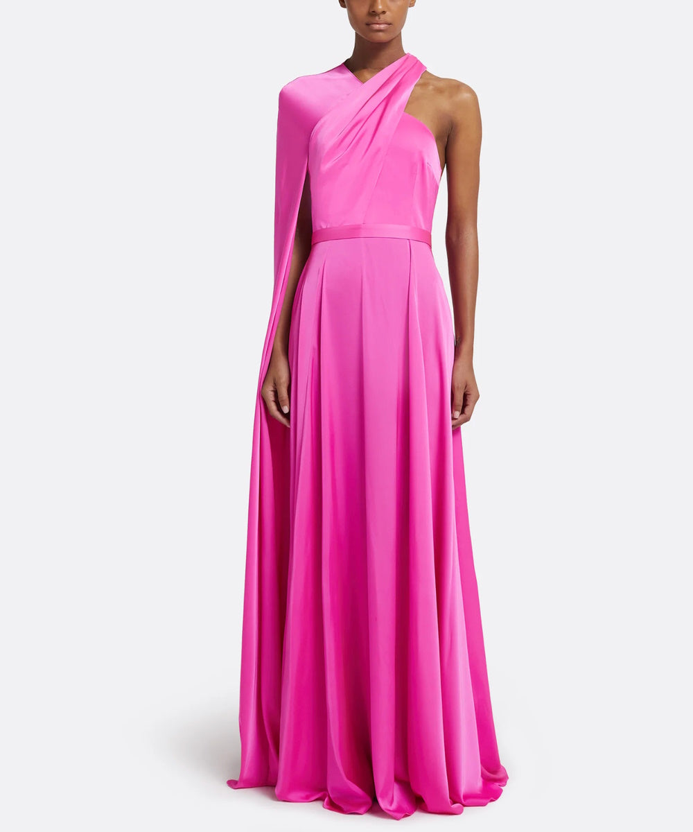 Hot Pink Asymmetric One Shoulder Cape Sleeve Satin A-Line Maxi Evening Gown With Waist Belt