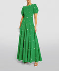 Emerald Green Puff Sleeve Crystal Floral Beaded Cutout Back Flowy Maxi Gown