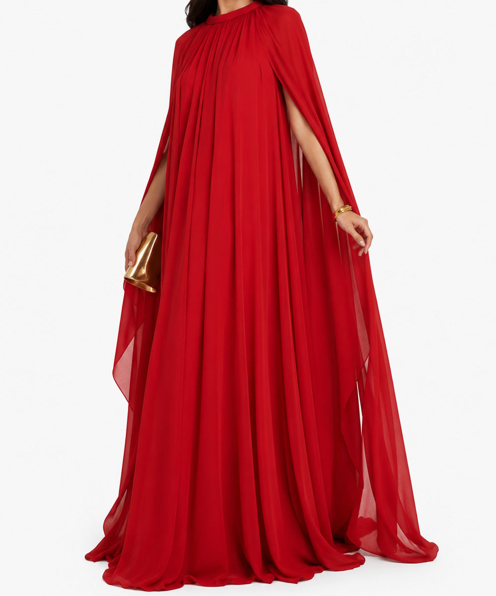 High Neck Flowy Chiffon Cape Sleeve Loose Maxi Evening Gown