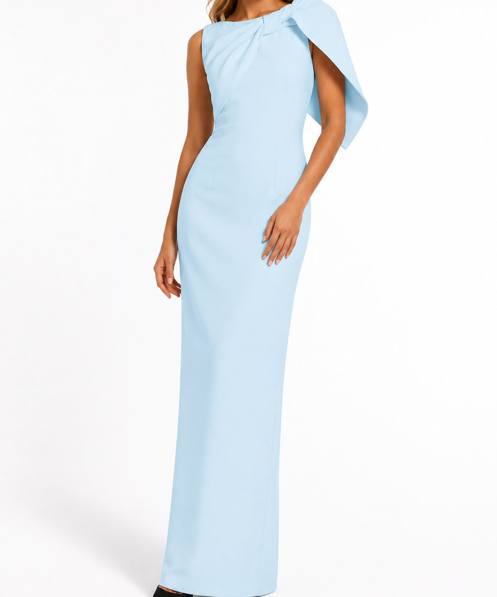 Light Blue Asymmetric Draped Cape Shoulder Column Maxi Gown