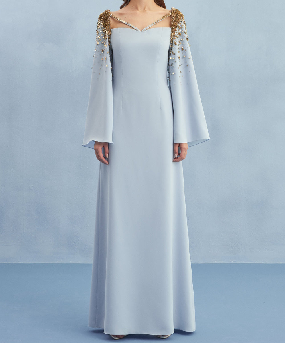 Light Blue Cold Shoulder Gold Sequin Flared Sleeve Column Maxi Evening Gown